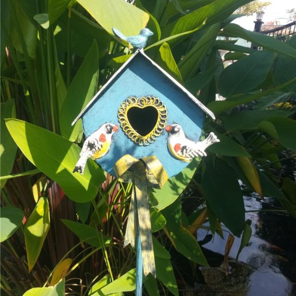 ガーデンステーク 鳥小屋 バードハウス 金属素材 イエロー ブルー