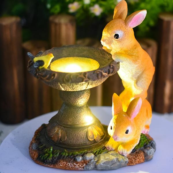 ガーデンライト バードバス うさぎ 2匹 樹脂 LED ソーラー かわいい アニマル ガーデニング 雑貨 ガーデン雑貨 ガーデンインテリア ガーデン インテリア