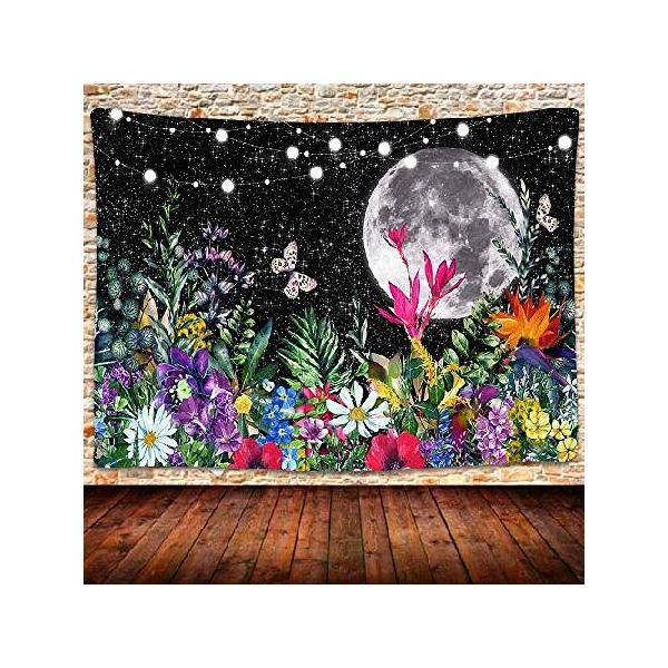 UHOMETAP Moonlit Garden Tapestry Moon Flowers Tapestry Mysterious Garden Tapestry Starry Sky Butterflies Tapestry Wall Art Blanket for Living Room Bed