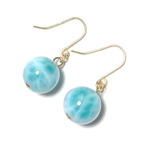 K18 ラリマー 約8mm ピアス Rvaru】K18ピアス ラリマー 8mm フックピアス K18YG 18金イエロー