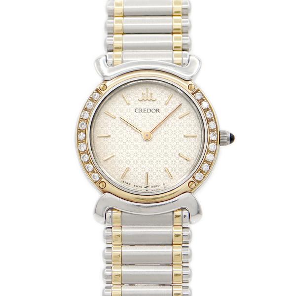 電池交換済 SEIKO セイコー クレドール リネアクルバ 5A70-0210 純正ダイヤモンド ダイヤモンドベゼル アイボリー 白 ホワイト YG イエローゴールド SS ステンレス コンビ レディース クォーツ【6ヶ月保証】【腕時計】【中古】 rwe-imperial_4487696