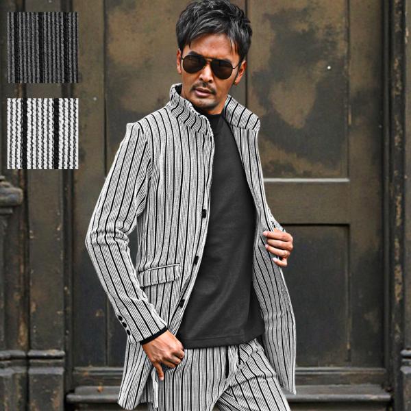 ストライプ柄が大人の遊び心とセンスを引き立てる、スタイリッシュなメンズスーツ。チェスターコートスタイルで、春、秋、冬の3シーズンにぴったり。タイトフィットで体にフィットし、ストレッチ素材を使用しているので動きやすさも抜群です。30代、40代...