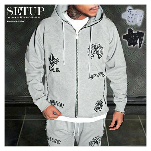 ラインストーンジップがキラリと光り、トレンド感のある刺繍が施されたセットアップジャージ。タイトフィットでスタイリッシュに決まります。サイドリブ仕様で動きやすく、着心地も抜群。イカツい雰囲気と、快適さを兼ね備えたセットアップとなっております。...