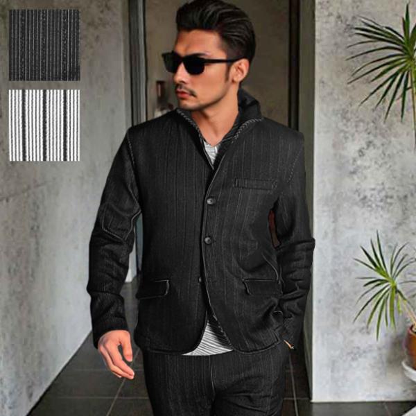 2025年8月20日再販開始！春、秋、冬と大活躍！ジャージの様に楽に着れるオルタネートストライプ柄のイタリアンカラーセットアップ。サラッとした肌触りのストレッチ素材！定番のタイトフィットなシルエット。衿部分にはワイヤーが入っており、自分好み...