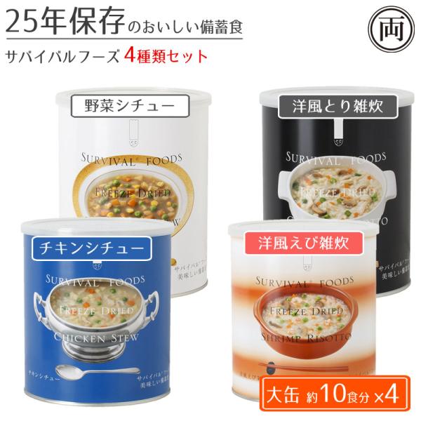 25年保存 美味しい サバイバルフーズ 大缶 4種の味セット 合計約40食分 非常時 非常食 備蓄食 フリーズドライ 災害 保存食 美味しい 缶詰 災害