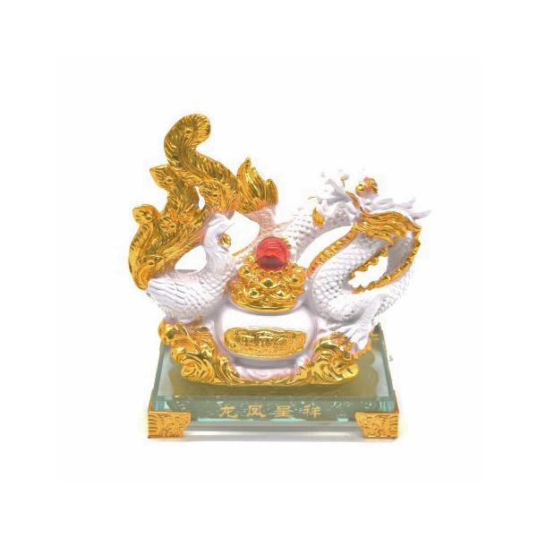 龍 鳳凰 白 ガラス台座 聚宝盆 樹脂製置物 ryu_houou-03-02-wh