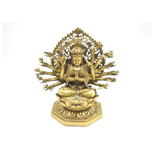 千手観音 仏像 銅製置物 台座付き 黄金色 大 : 横浜中華街龍