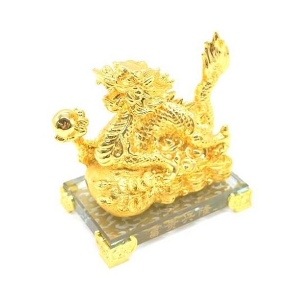 龍の置物 龍 金色 樹脂製置物 ガラス台座付き 13cm 五本指皇帝龍