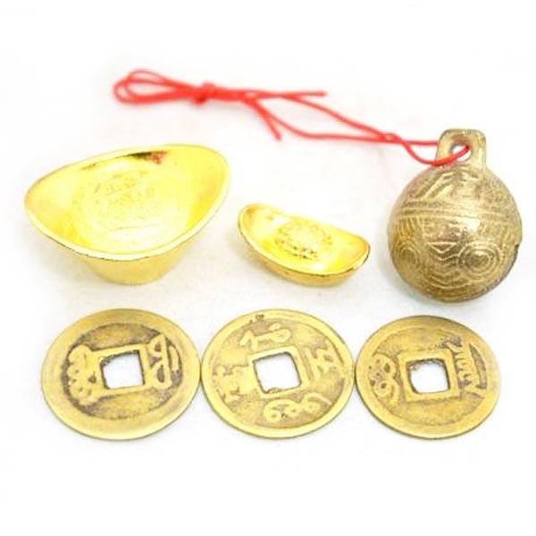 元宝 牛鈴 古銭 銅製置物 金属製置物 招財アイテムセット 初めての風水
