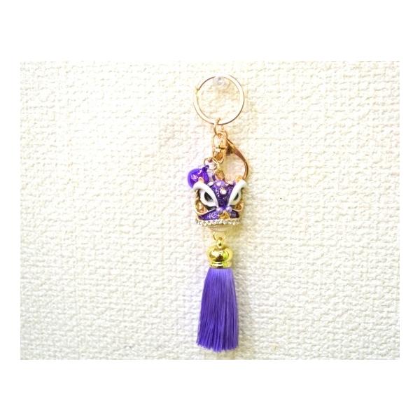 メール便OK】 獅子 七宝焼き キーホルダー ふさ付き 金属製 紫
