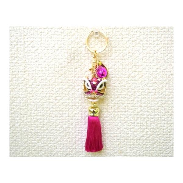 メール便OK】 獅子 七宝焼き キーホルダー フサ付き 金属製 桃 ピンク