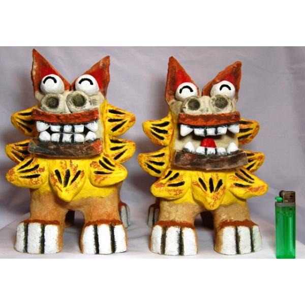 城間シーサー工房// 漆喰/赤瓦シーサー ペアSS ライトグリーン