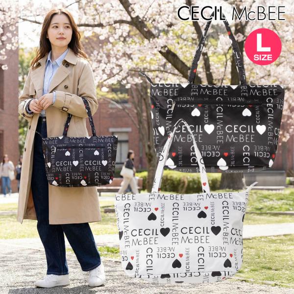 SALE！ セシルマクビー CECIL McBEE トートバッグ Lサイズ レディース ロゴ入りカバン 鞄 ショルダー TOTE BAG 通勤 通学 ブラック ホワイト CM121138 爆買