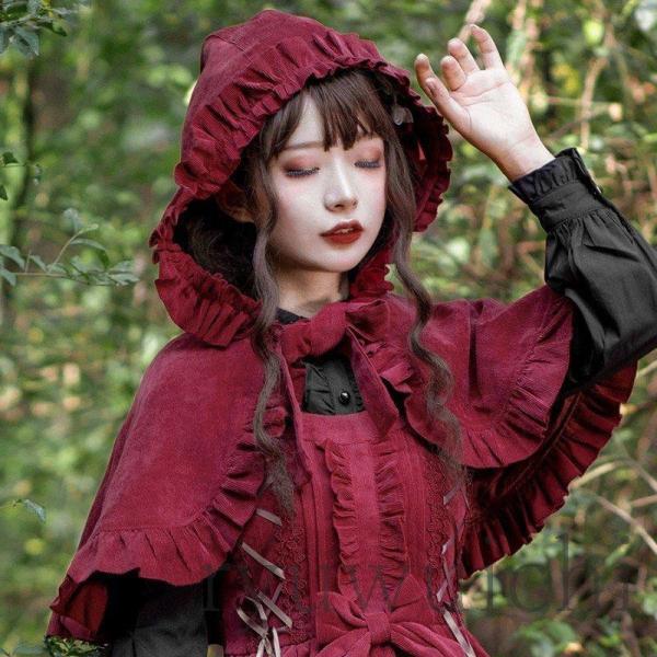 ワンピース丈 杏 赤 黒 ３色 かわいい 秋 冬 ポンチョ マントコート オリジナル フード付き