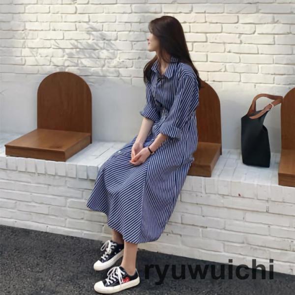 シャツワンピース レディース ミモレ丈 長袖 Aライン 前ボタン