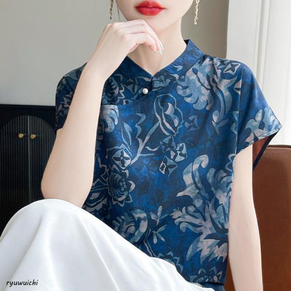 ブラウス チャイナ風 シャツ レディース トップス マオカラー 半袖 柄 プリント 大人 上品 おしゃれ 花柄 ボタニカル グリーン
