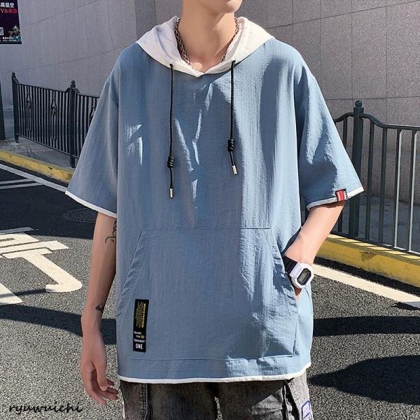 フード付きパーカー 夏用 リネンシャツ リネンTシャツ 半袖パーカー パーカー メンズ プルオーバーパーカー 薄手 夏 春夏 麻 シンプル 無地 カジ