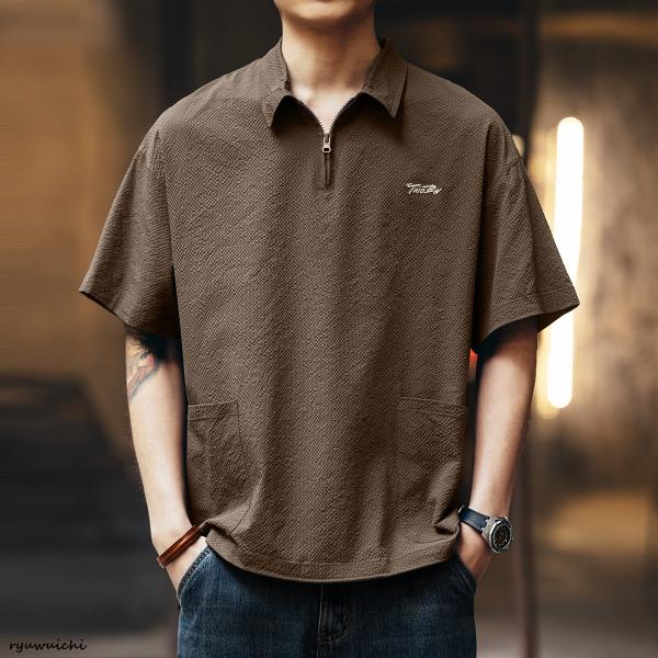シャツ プルオーバーシャツ メンズ 無地 半袖 ハーフジップ トップス ゴルフウェア ナイロン カットソー Tシャツ ストリート