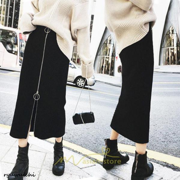 レディース スカート タイトスカート 膝丈スカート ストレッチ ジップアップ ボトムス ファスナー ブラック 無地 膝下丈 シンプル 伸縮性ある生地