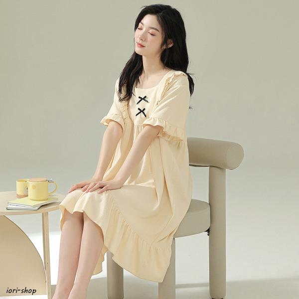 ネグリジェ 春夏 ネグリジェ 半袖ワンピース 綿 リボン 可愛い ロング丈ネグリジェ パジャマ ナイトロープ レディース 部屋着 オシャレルームウェア 新作