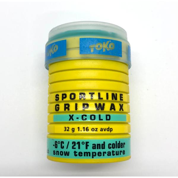 TOKOグリップワックス、X-COLD/BLUEです。表示 -6℃/21F、32g未使用品ですが、長期保管品・旧パッケージ品に付きお値下げ特価です。直径(φ)35 ×高(H)55 mm