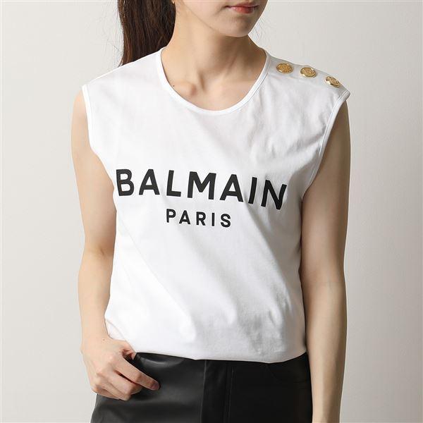 BALMAIN バルマン VF11000 B001 ノースリーブ タンクトップ クルーネック Tシャツ カットソー ロゴT ボタン装飾  GAB/Blanc レディース