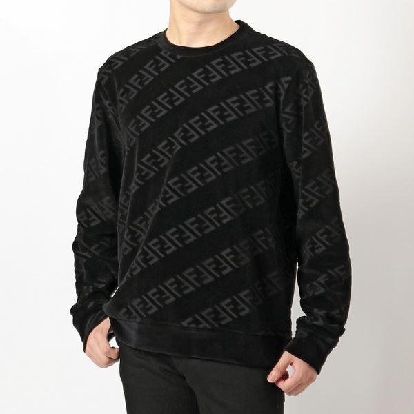 FENDI フェンディ FY0178 AHCA JUMPER V DIAGONAL 長袖 Tシャツ ロンT カットソー ベロア FFロゴ ズッカ柄  チャーム F0QA1/NERO メンズ