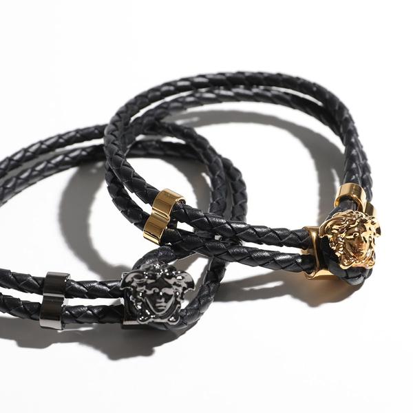 VERSACE ヴェルサーチ ブレスレット メンズ DG05579 Black-Gold メドゥーサ レザー 2連 編み込み