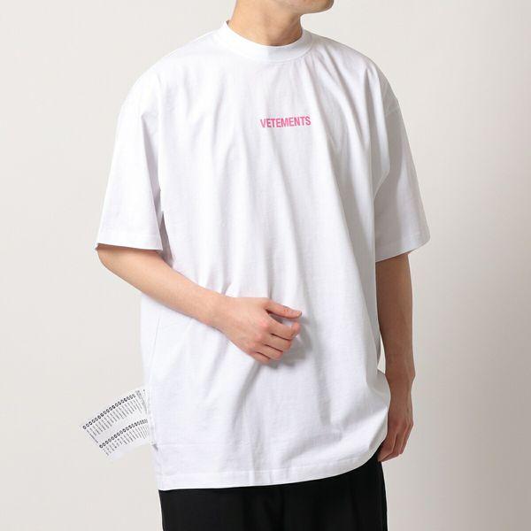 VETEMENTS ヴェトモン Tシャツ 52TR120W メンズ オーバーサイズ 半袖 クルーネック カットソー ロゴ ラベル 刺繍  Black-White White-HotPink