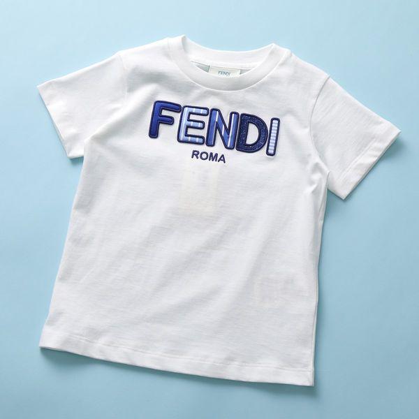 FENDI KIDS フェンディ キッズ 半袖 Tシャツ JFI252 7AJ ガールズ ボーイズ カットソー 立体ロゴ刺繍 スパンコール ロゴT  コットン クルーネック F0TU9