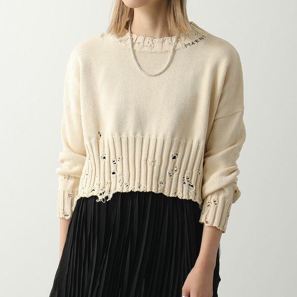 MARNI コットンダメージクルーネックニット46 アイボリー