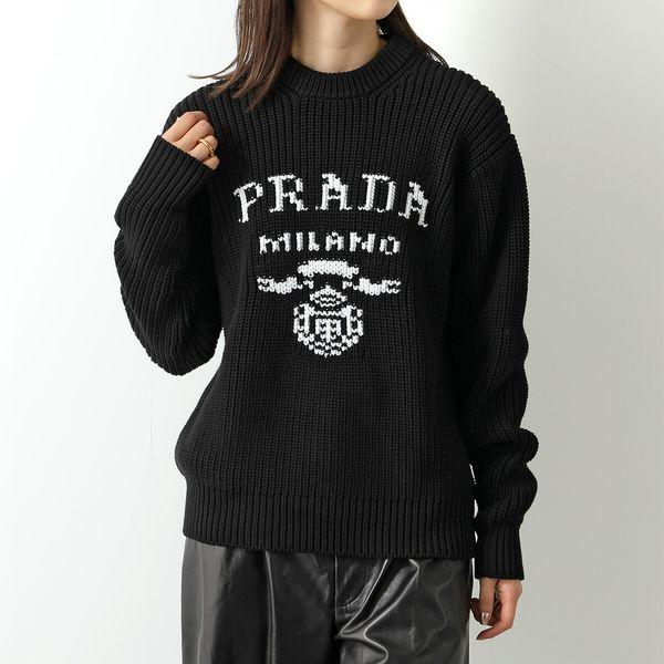 PRADA プラダ ニットセーター UMB381 107B レディース コットン ローゲージ 長袖 クルーネック 丸首 ロゴ F0002/NERO