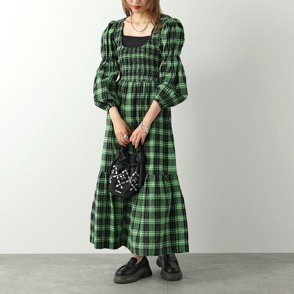 GANNI ガニー ワンピース Seersucker Check U-neck Maxi Smock Dress F7537 6482 レディース  チェック柄 Uネック パフスリーブ シアサッカー 484/Peapod