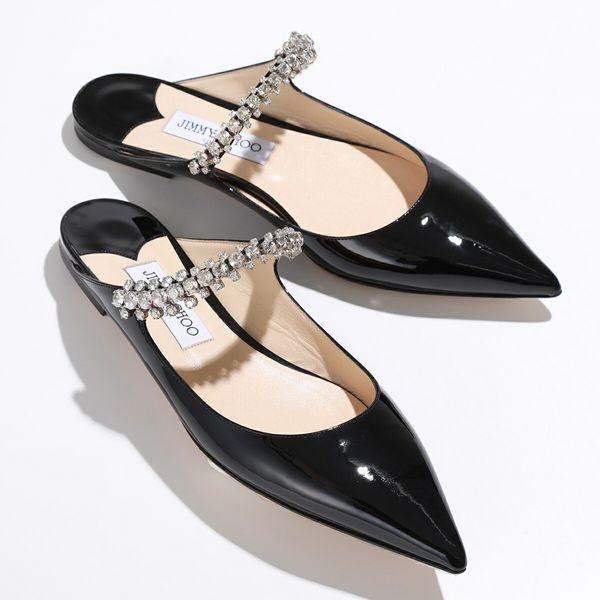 Jimmy Choo ジミーチュウ ミュール BING FLAT PAT レディース フラット パテントレザー サンダル クリスタル ポインテッドトゥ  パンプス 靴 BLACK