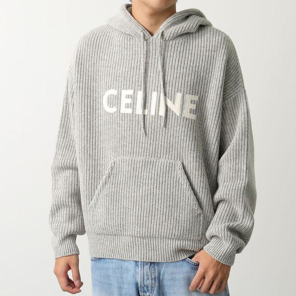 CELINE セリーヌ ニット パーカー 2A85W423P.08GC メンズ ウール ロゴ リブ フード セーター プルオーバー 長袖 ライトグレー