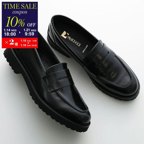 PASCUCCI 黒レザー ローファー 厚底 パスクッチ PASCUCCI ラウンドトウ厚底ローファー （ブラックエナメル