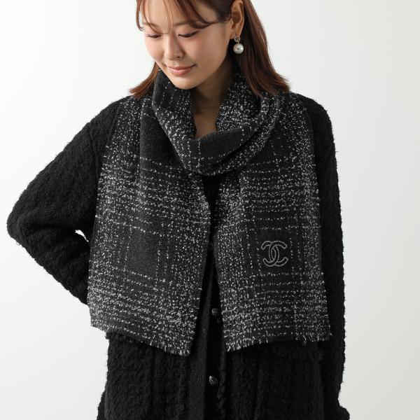 CHANEL ロゴ入りニットマフラー グレー/ブラック CHANEL（シャネル） ニットマフラー AAB422 B22072 レディース ウール