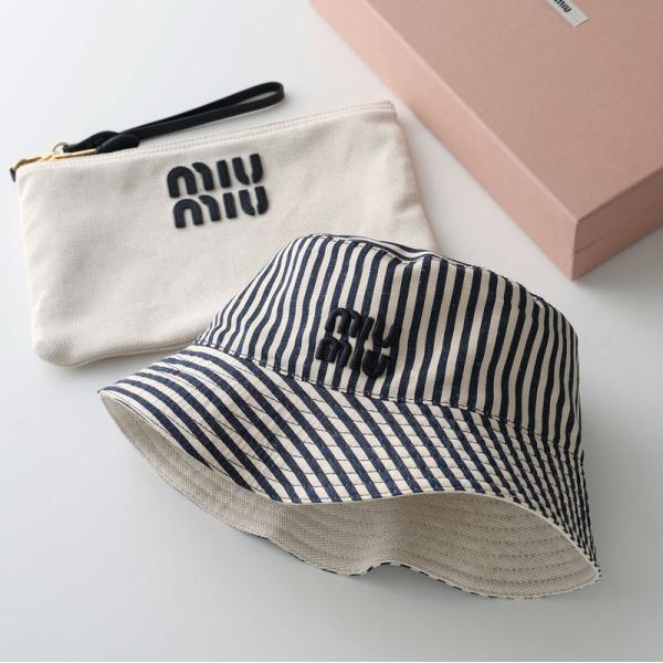 miumiu バケットハット　正規品　ストライプ　ブルー　バケハ miu miu（ミュウミュウ） バケットハット 5RM030 2CQQ レディース