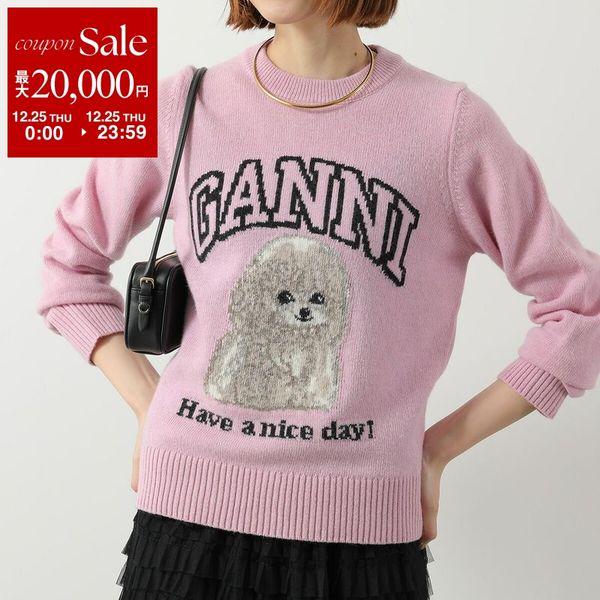 GANNI ピンク ニットベスト 犬イラスト GANNI ガニー セーター Pink Poodle Jumper K2499 レディース ニット