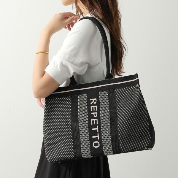 repetto レペット トートバッグ Medium Knitted bag ミディアム ニット B0394TR レディース ロゴ ストライプ 鞄 1217/Noir-Petal