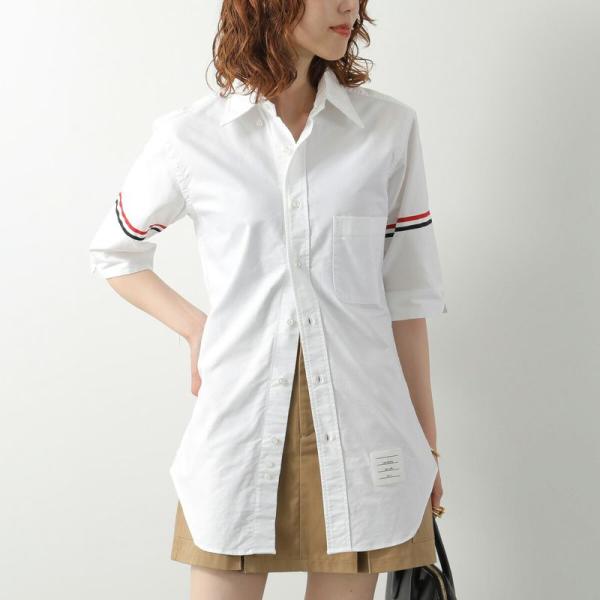 THOM BROWNE トムブラウン シャツ MWS242A-F0313 レディース 半袖 コットン ブラウス 胸ポケット RWBストライプ 100/WHITE