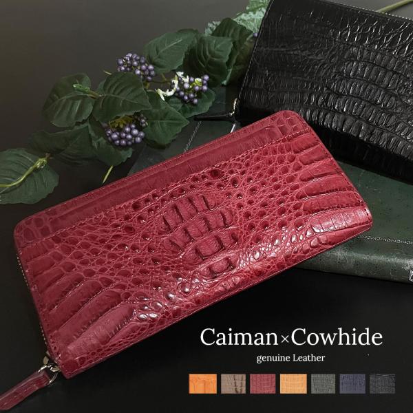 訳あり 小キズあり カイマンワニ革×牛革クロコダイル型押し 長財布