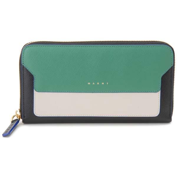 MARNI グリーン ホワイト 長財布 MARNI マルニ ラウンドファスナー長財布 グリーン×ホワイト