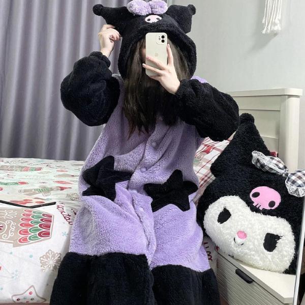パジャマ クロミ風ちゃん レディース 着ぐるみ もこもこ 長袖 ルームウェア  秋冬 部屋着 前開き 寒さ対策 ふわふわ 厚手 寝間着 防寒着 裏起毛  ワンピース