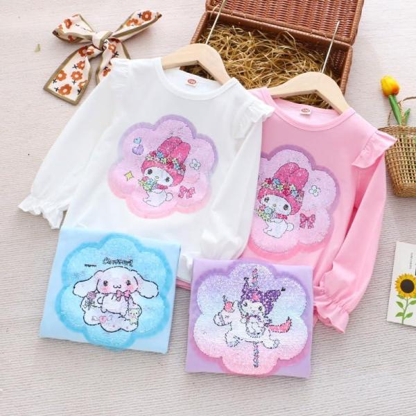 クロミ/マイメロディ　シナモンtシャツ キッズ 長袖 子供服 スウェット ガールズ スパンコール 柄替え トレーナー スウェットシャツ秋 /ピンク/ブルー/パープル