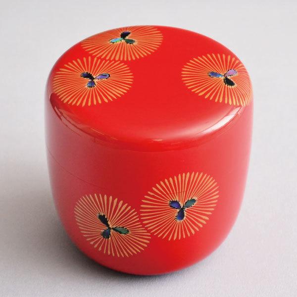 茶道具 棗 筑城筑良作 朱塗 紋唐松蒔絵大棗 木製・本漆塗・切合口