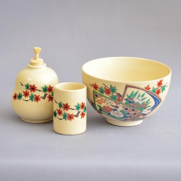 茶箱用茶碗 茶道具 加藤昌山 作 茶箱用 扇面草花紋茶碗 三点セット