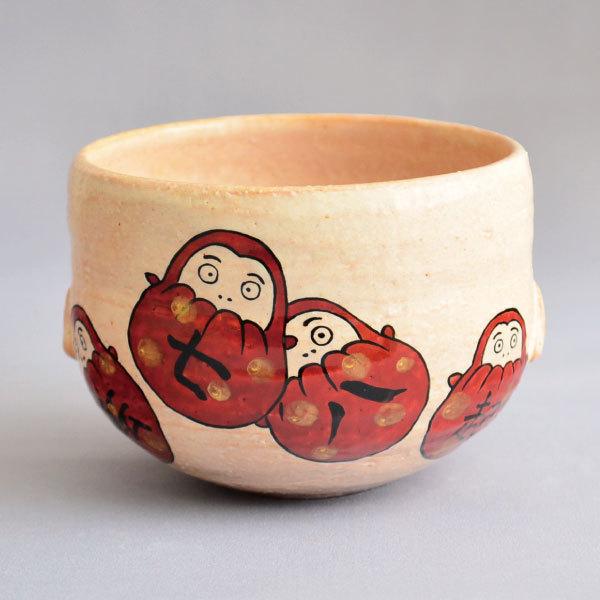 茶碗 茶道具 中村良二 作 灰釉達磨絵 耳付茶碗 七転び八起き 茶碗 茶道具 中村良二 作 灰釉達磨絵 耳付茶碗 七転び八起き