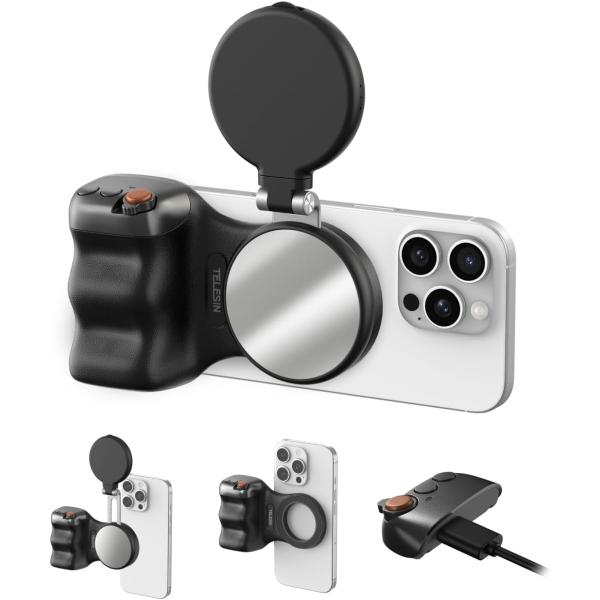マグネットスマホグリップ + 自撮りライト キットiphone カメラグリップ 自撮りグリップ リングライト 撮影ライト マグセーフ スマホライト LEDライト 片手操作