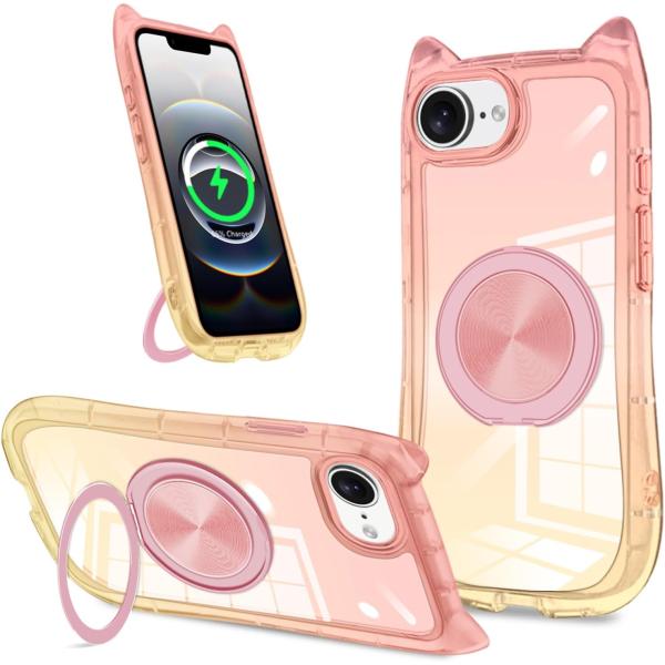 iPhone16e /17e スマホケース iPhone SE4 ケース 第4世代 グラデーション 猫耳 リング ケース 落下防止 指紋防止 360度回転スタンド 衝撃吸収 シンプル MagSafe